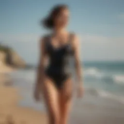 A chic black swimming suit on a sunlit beach