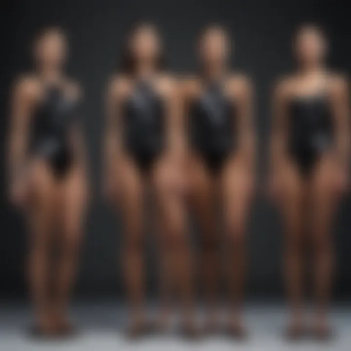 Historical evolution of black swimming suits displayed on mannequins