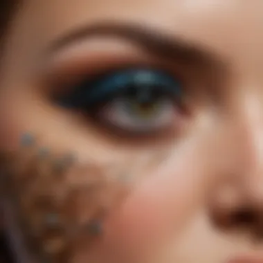 Close-up of artistic eye makeup with intricate designs