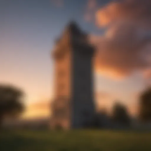 Stunning view of the Pocono Palace Roman Tower against a beautiful sunset