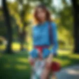 A stylish blue jean shirt paired with a floral skirt in a sunlit park setting