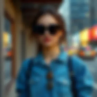 Urban Chic with Blue Jean Shirt A fashionable individual accessorized with a blue jean shirt against an urban backdrop