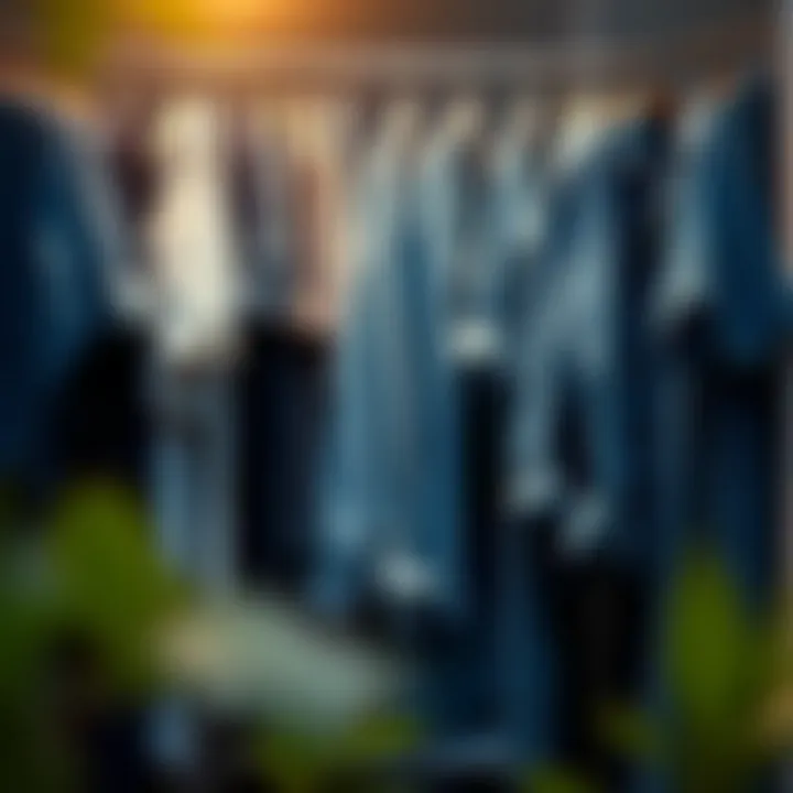 A well-organized closet featuring various styles of blue jean shirts