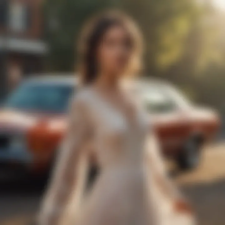 Elegant 1970s bohemian wedding dress showcased outdoors