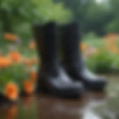 Stylish rain boots amidst a flower garden