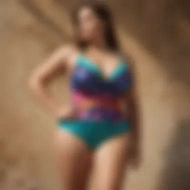 A stylish swimsuit designed for larger thighs, showcasing vibrant colors and patterns.