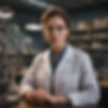 Historical depiction of a female scientist in a laboratory setting.