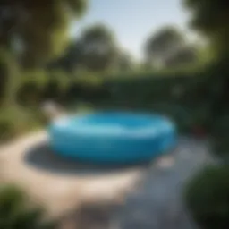 A spacious inflatable pool set up in a backyard, surrounded by greenery