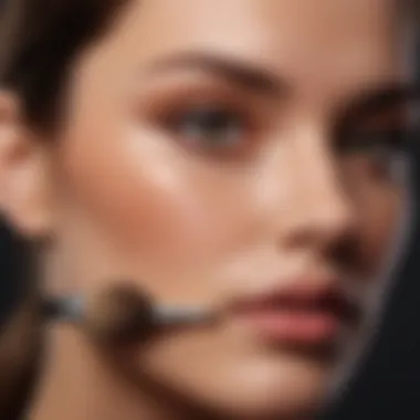 A close-up of a makeup brush applying contour to the cheekbone area.