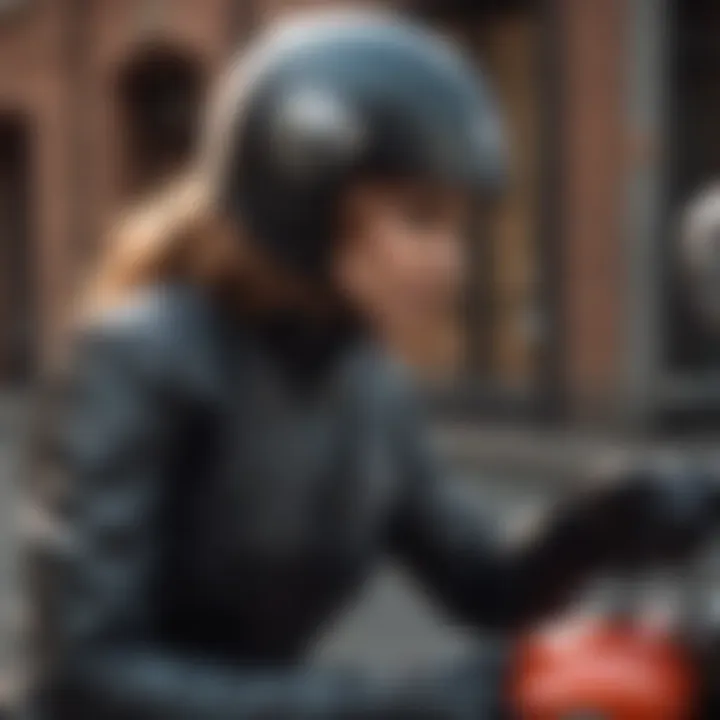 Woman adjusting her motorcycle helmet and preparing to ride