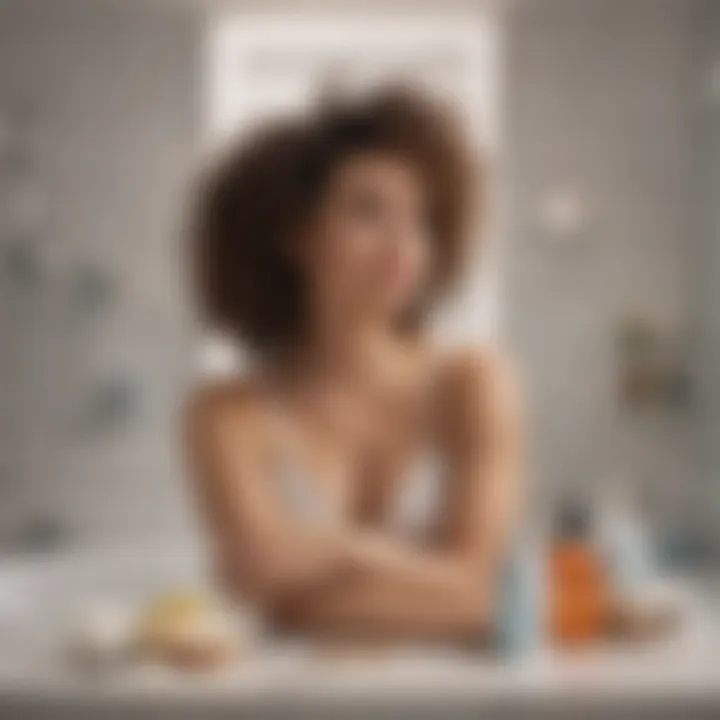 A serene bathroom scene featuring natural hair care products.