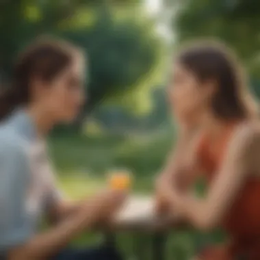 A serene park scene showcasing two friends engaged in deep conversation