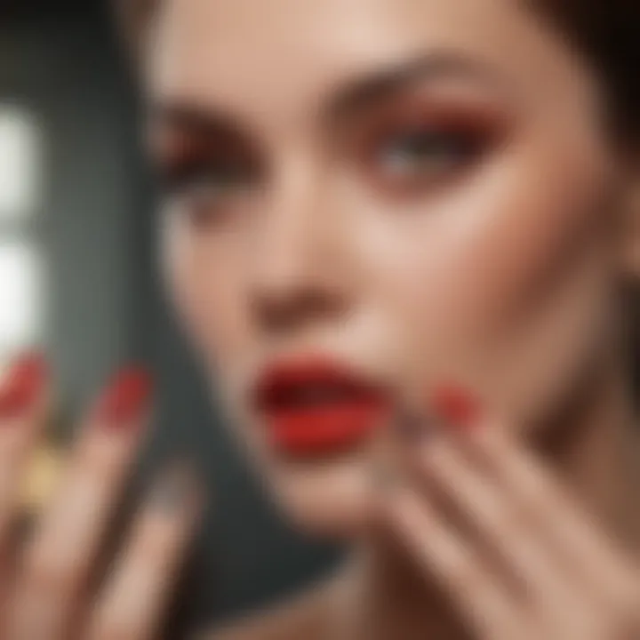 An elegant nail design featuring intricate patterns and embellishments