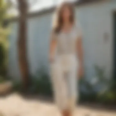 Model wearing Old Navy linen crop pants in a casual outdoor setting