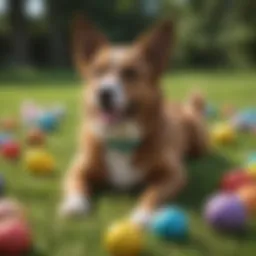 A colorful assortment of dog toys spread on a grass surface