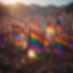 An array of pride flags fluttering in unison.