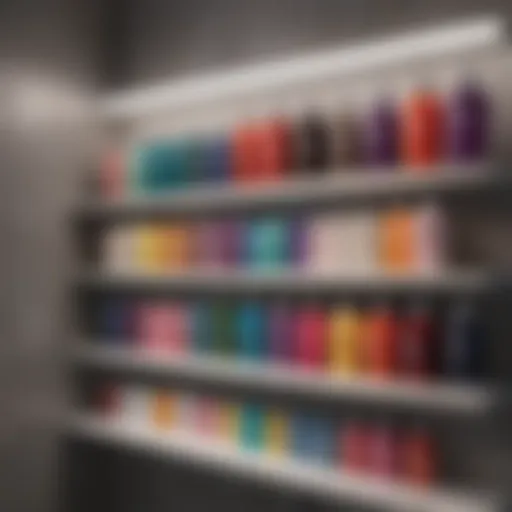 A vibrant array of colored shampoos displayed elegantly on a bathroom shelf
