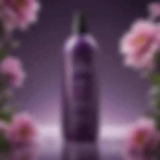 Luxurious sulfate-free purple shampoo bottle with floral background