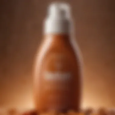 Close-up of a tanning lotion bottle featuring natural ingredients