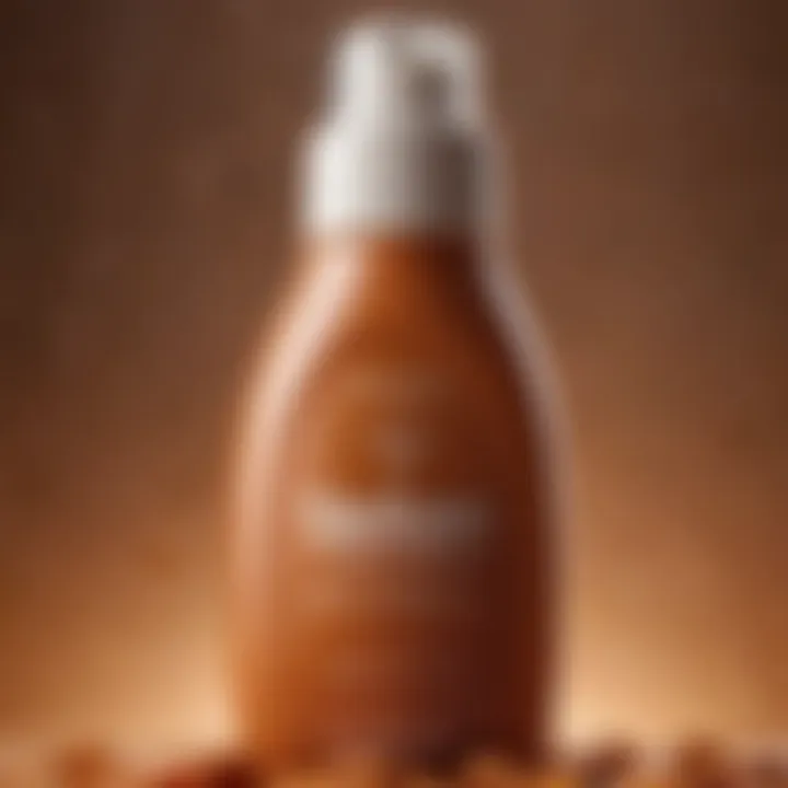 Close-up of a tanning lotion bottle featuring natural ingredients