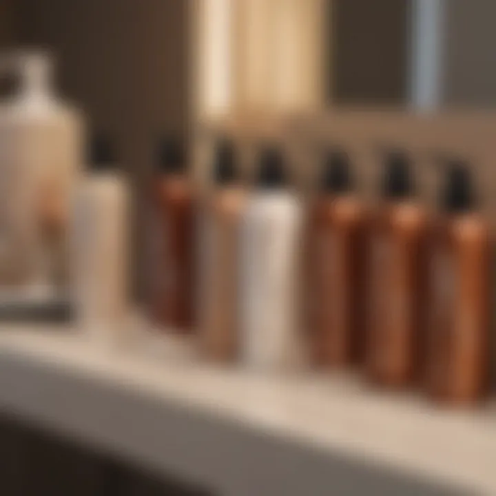 A collection of tanning products on a vanity