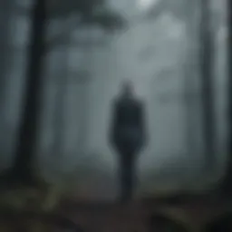 A dark forest shrouded in mist, evoking an eerie atmosphere.