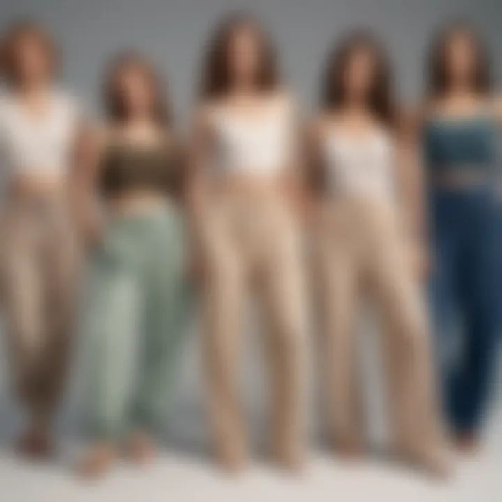 A diverse selection of body types dressed in various styles of loose pants.