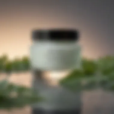 Close-up of a luxurious jar of moisturizer with vibrant green leaves in the background