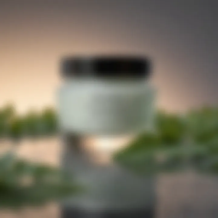 Close-up of a luxurious jar of moisturizer with vibrant green leaves in the background