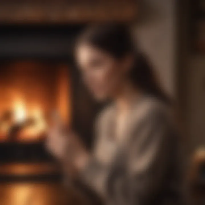 A cozy scene showing a person applying lip balm by the fireplace