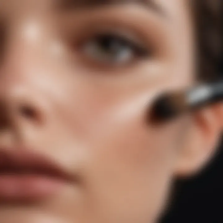 A close-up of a makeup brush applying foundation smoothly on skin.