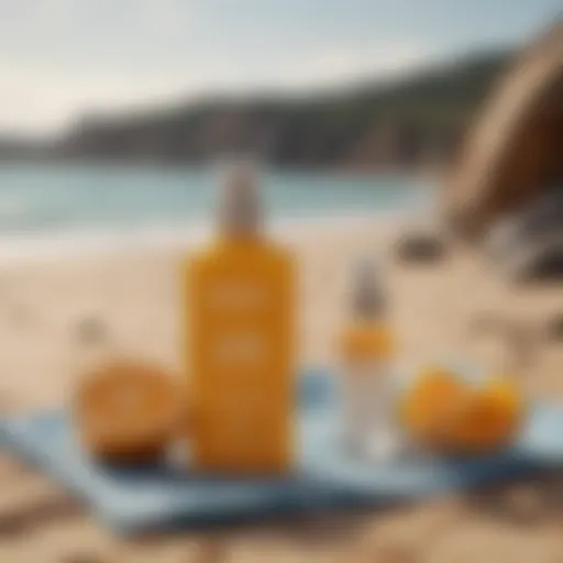 A serene beach scene showcasing a variety of natural sunscreens on a towel.