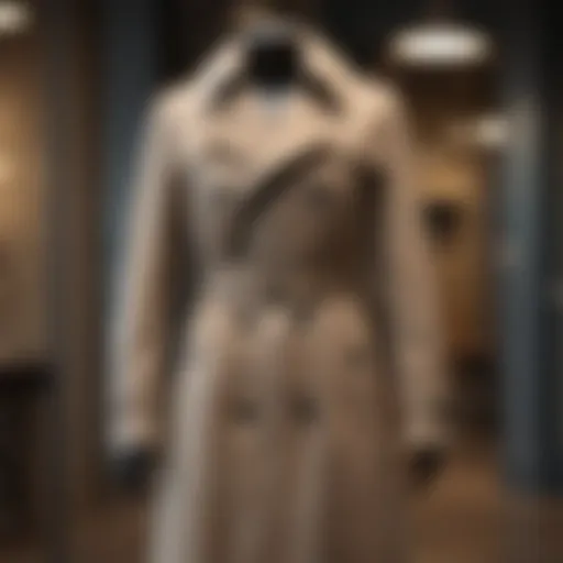 A timeless trench coat displayed elegantly on a mannequin in a boutique setting