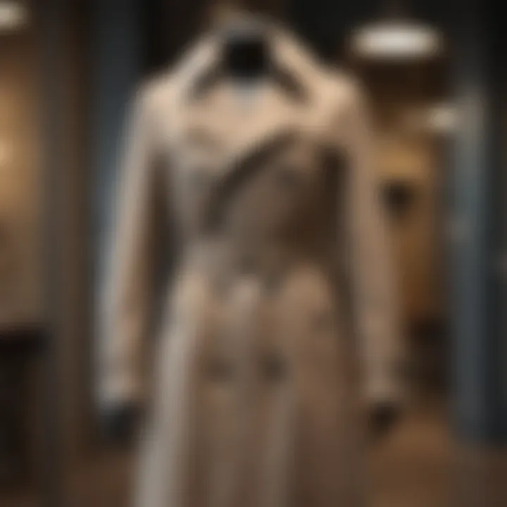 A timeless trench coat displayed elegantly on a mannequin in a boutique setting