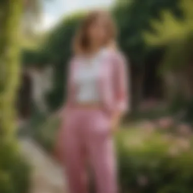 Stylish ensemble featuring pink linen pants paired with a white blouse in a garden setting