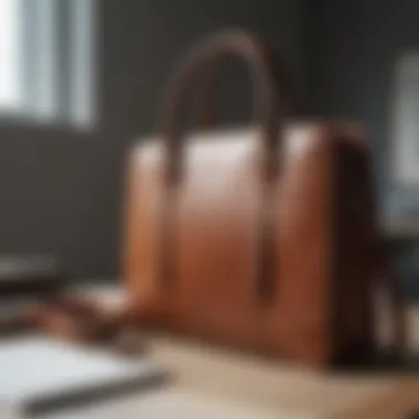 A stylish leather briefcase tote in a modern office setting