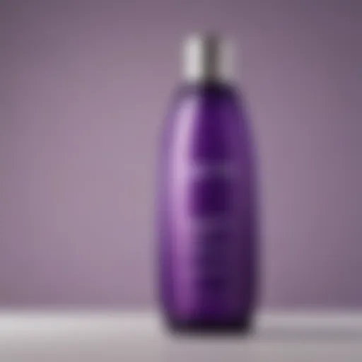 Close-up view of purple shampoo in a clear bottle