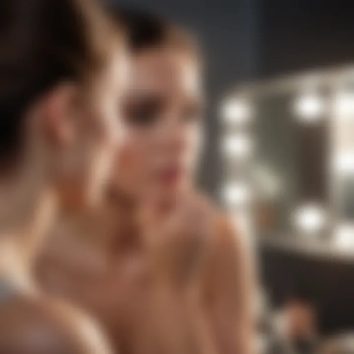 A woman examining her skin type in front of a mirror