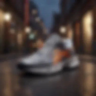 A stylish running shoe displayed in an urban setting.