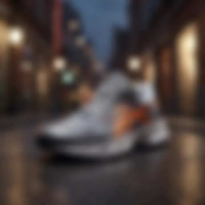 A stylish running shoe displayed in an urban setting.