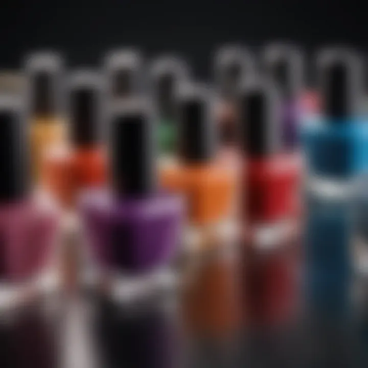 Close-up of vibrant nail polish bottles showcasing a range of colors.