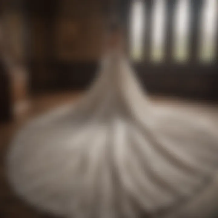 A detailed view of the dress's train flowing behind Meghan Markle