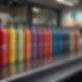 A vibrant array of color shampoos on a salon counter, showcasing different hues.