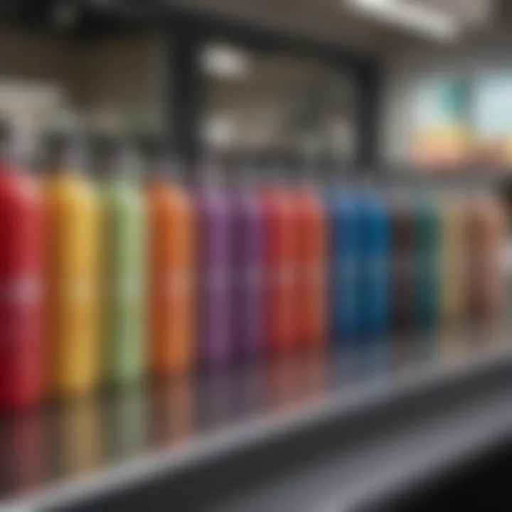 A vibrant array of color shampoos on a salon counter, showcasing different hues.