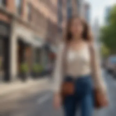 A woman wearing a small crossbody purse while enjoying a city walk