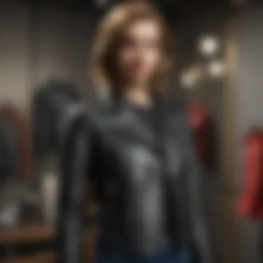 Chic Boutique Display A stylish leather jacket displayed on a mannequin in a boutique