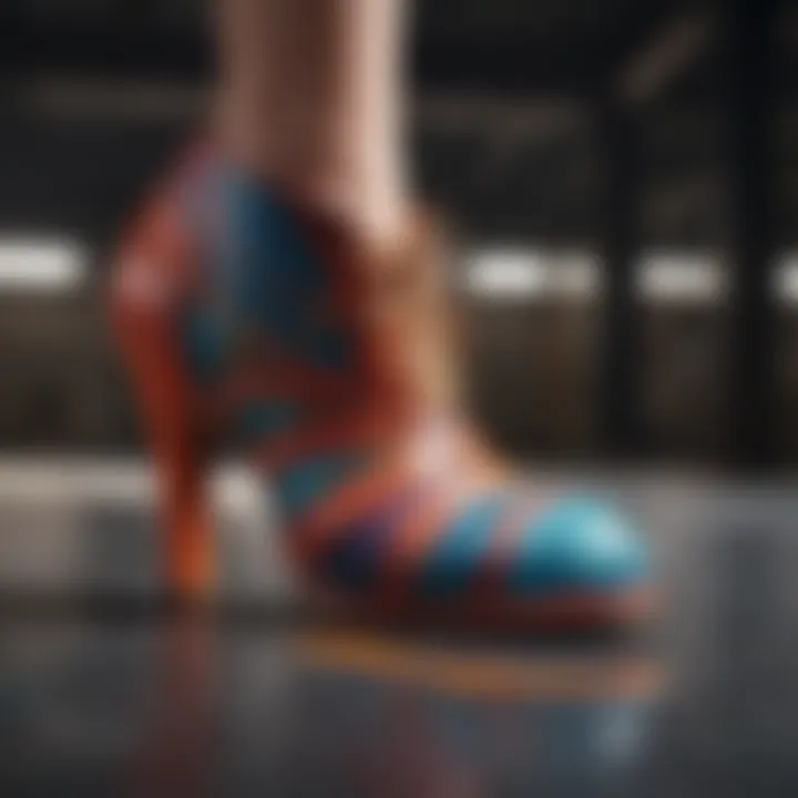 A close-up view of artistic footwear showcasing vibrant colors and unique patterns.