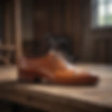 An elegant pair of handcrafted shoes set against a rustic backdrop.