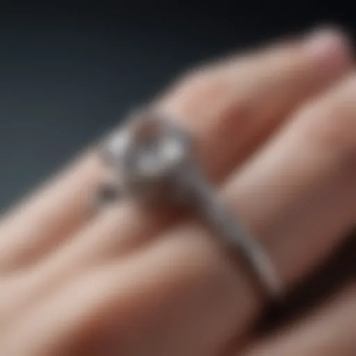 A close-up of the unique design of the engagement ring