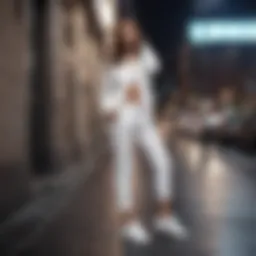 A stylish woman showcasing white formal sneakers in an urban setting